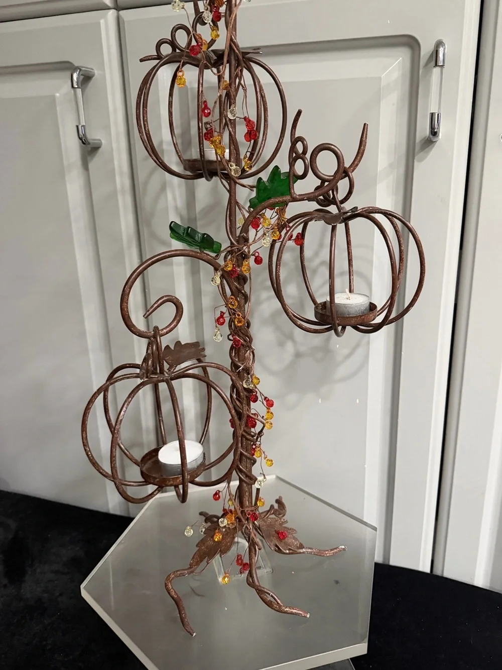 Pottery Barn Rustic Metal Bronze Brown Twig Branch 3 Pumpkins Tealight Holder